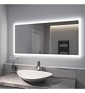 EMKE Bathroom Mirror with Lighting 120 x 60 cm, Warm Light and Cold Light, Bathroom Mirror with Antibesc...