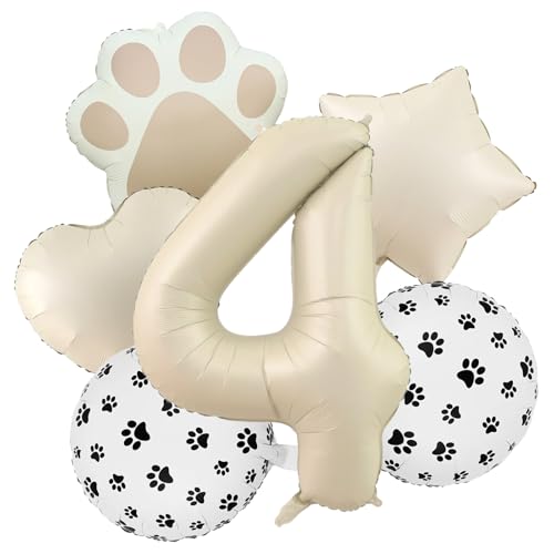 Image of 4th Birthday Dog Paw Balloons Set,18'' Paw Prints, Heart,Star,Paw Shaped Foil Balloon 40 Inch Cream Number 4 Helium balloons for Puppy Themed Third Anniversary Birthday Party Decorations Supplies 6PCS