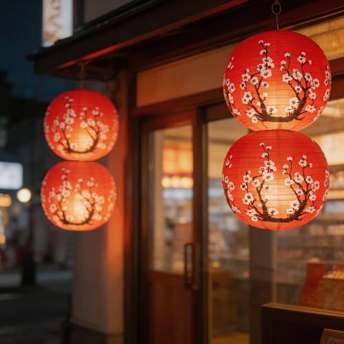 Image of 6 Pcs Red Paper Lanterns Decorative 10x12 Inch, ZUEXT Cherry Blossom Hanging Round Chinese /Japanese Lantern for Festival Theme Birthday Party Wedding Home Yard Japanese Eateries Decor Oriental Style