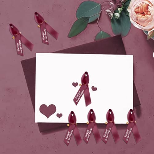 WANDIC 100pcs Burgundy Ribbon Pins Multiple Myeloma Awareness Badges Sickle Cell Anemia Brooch Memorial Ribbon Badges in Forever in Our Hearts for Funeral Mourning Event Bereavement Remembrance - Image 3