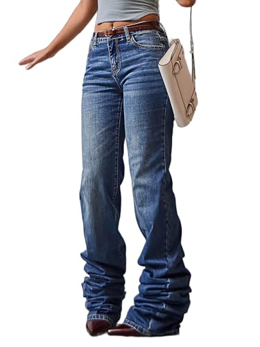 Flamingals Straight Leg Mid Rise Denim Pants for Women Extra Long Stacked Jeans with Pockets Mid Blue 2XL