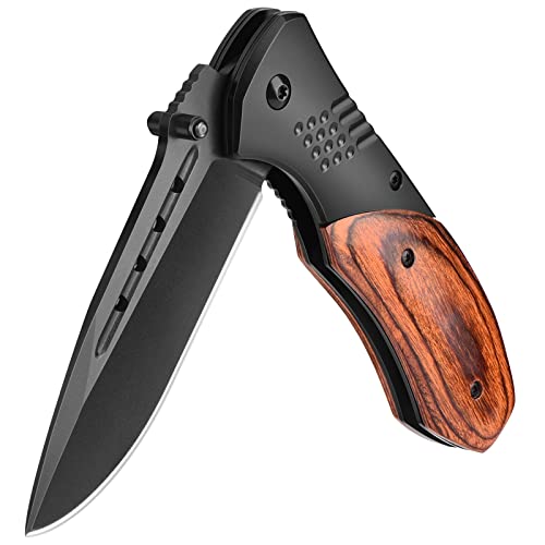KEXMO Pocket Knife for Men - Sharp Blade Wood Handle Pocket Folding Knives with Clip, Glass Breaker - EDC Knives for Survival Camping Fishing Hiking Women, Small, Black