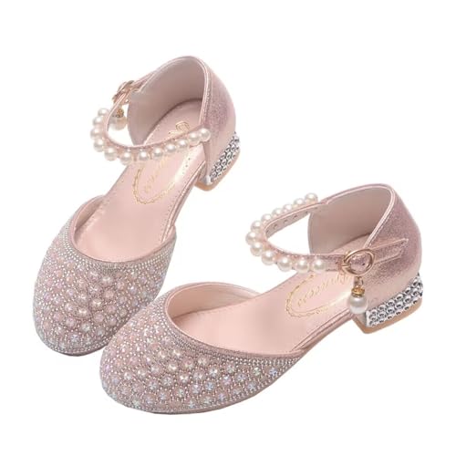 Girls Dress Shoes Mary Jane Sparkly Ballet Flats for Kids Pearl Chain Princess Shoes for Dress-Up Party 5533