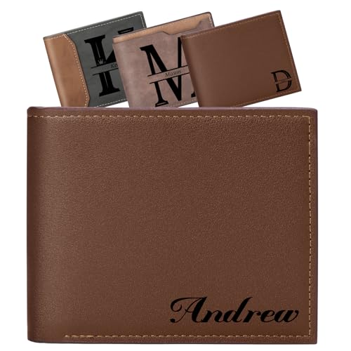 Personalized Leather Wallet for Men, Custom Engraved Wallet Bifold Stylish for Men Valentine's Day Birthday Christmas Gifts (Brown)