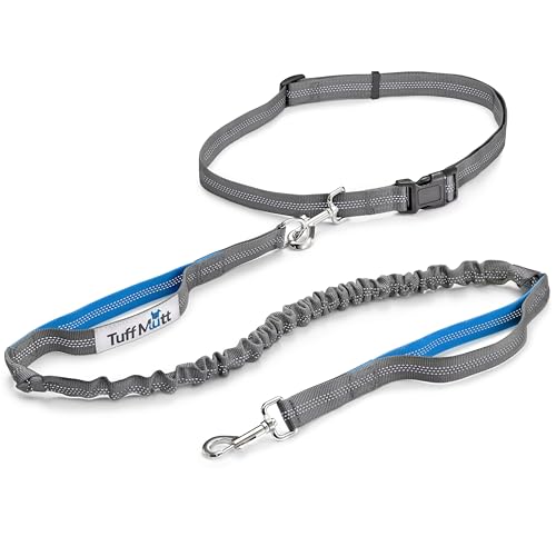 Tuff Mutt Hands Free Dog Leash for Walking Running Hiking, Waist Leash with Bungee, Adjustable Belt, Reflective Double Handle Design for Large Medium Dogs