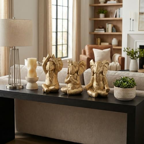 Juego de 3 Figuras Elefante de Resina en Pose de Meditación Dorado miniatura 2