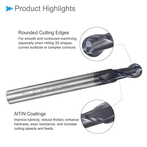 Image of Ball Nose End Mill, 2.5mm Radius 5mm Shank 50mm Length, AlTiN Coated P05 Carbide 2 Flutes Milling Cutter CNC Router Bit - (Applications: for Stainless Steel Hardened Steel)