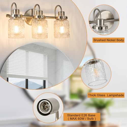 Image of 3 Lights Hammered Glass Bathroom Vanity Light,Brushed Nickel | Easy Installation,Up or Down,Farmhouse Modern Style,E26 Socket,ETL Certification