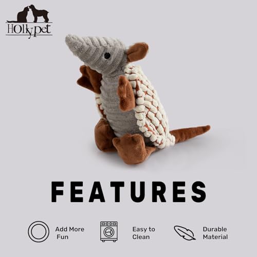 Image of Hollypet Plush Dog Squeaky Toy Stuffed Armadillo Animal Pet Puppy Chew Toys with Clean Teeth for Small Medium Large All Breed Sizes Dogs, Milky White, 8 in