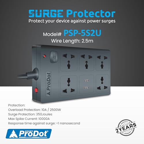 Image of ProDot Power Spike Guard, Strip Surge Protector with Master Switch and 5 Outlets with 2 USB, Heavy Duty Extension Cord for Home, Office, Travel & Phone Charging (2.5 Meter)