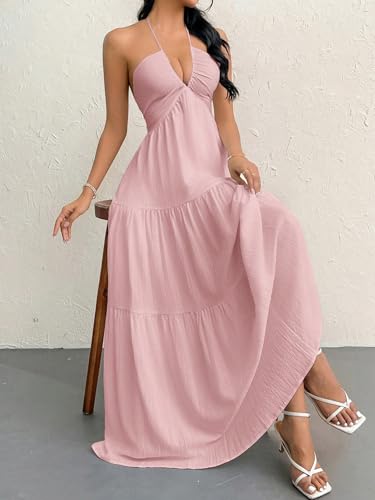 Image of Narecte Women's Maxi Summer Dresses Halter V Neck Beach Dresses for Women A-Line Casual Dress for Vacation