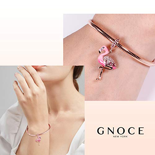 Gnoce Flamingo Dangle Charm 925 Sterling Silver 18K Pink Pendant Charms Bead For Bracelet/Necklace Rose Gold Plated For Women Girls Mother's Day #TOP4