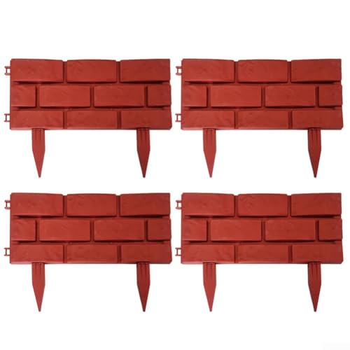 MoSundi Paquete de 4 vallas de borde de jardín para césped y parterre, valla de plástico con diseño fácil de montar, diseño curvado o recto, color rojo