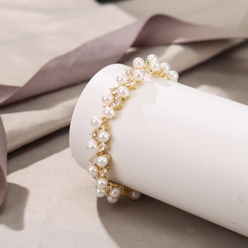EVER FAITH Gorgeous Cubic Zirconia Wedding Jewelry for Bride Bridesmaid, Elegant Simulated Pearl Teardrop Tennis Bracelet Gift for Women4