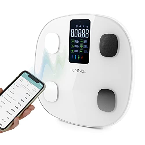 nah-vital® Pèse-personne numérique intelligente avec application pour 15 données corporelles telles que la graisse corporelle, le poids, l'IMC, la masse musculaire et le BMR - Grand écran - Jusqu'à 24