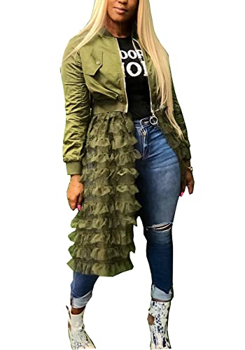 YOOTKO Vintage Varsity Bomber Jackets Women Long Sleeve Trench Coat Dress with Tulle Mesh Hems