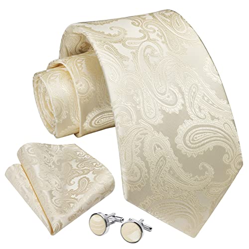 Enlision Beige Champagner Krawatte Herren Paisley Hochzeit Krawatten und Einstecktuch mit Manschettenknöpfe Set Elegant Seide Einfarbig Seidenkrawatte mit Taschentuch Business Party Cover
