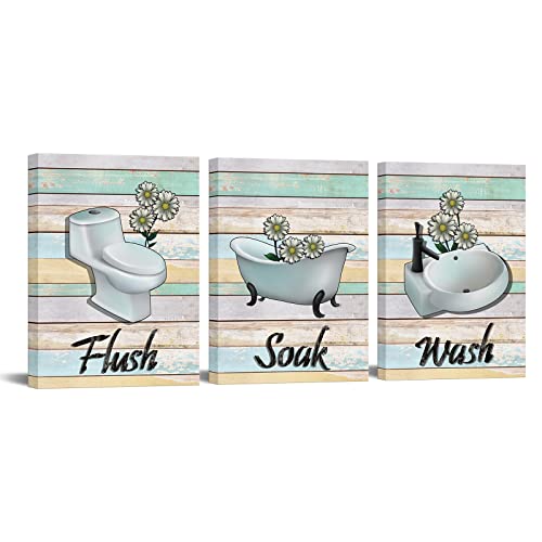 WuaoArt 3 Pieces Rustic Bath Wall Art Farmhouse Signs Painting Picture with Daisy Flower Cute Bathtub Sink Toilet Artwork for Home Bathroom Washroom Decor 12x16 Inch