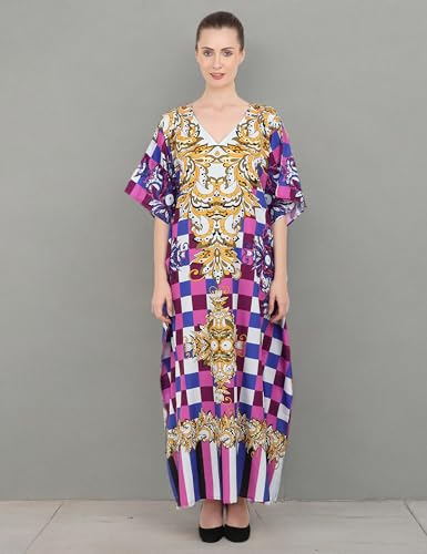 Image of Miss Lavish London Purple Floral Kaftan Dress for Women V Neck Batwing Sleeve Maxi Beach Cover Up, Ethnic Rose Print Plus Size Caftan with Side Slits & Pockets, Resort Wear Swimsuit-Purple-S