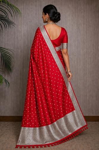 Image of Women's Glory Kanjivaram Banarasi Silk Saree with Polka Dot Embroidery Blend Woven Zari with Jacquard Woven Unstitched Blouse Piece.