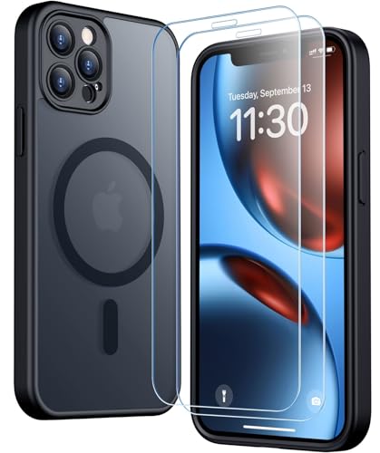 SPIDERCASE for iPhone 12 Pro Max Case, Magnetic Translucent Matte Case with 2PCS Tempered Glass Screen Protector Slim Phone Case for iPhone 12 Pro Max 6.7'', Black