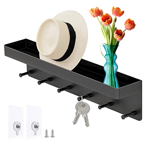 ICOUVA Schlüsselbrett mit Ablage,6 Haken Selbstklebend Wand Schlüsselhalter,Kleines Schlüsselhaken für Flur,Eingangsbereich,Küche,Badezimmer(Schwarz)