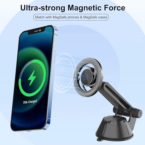 Image of RIGGEAR Magnetic Dashboard Car Phone Holder, Compatible with MagSafe Car Phone Mount, Windshield Mobile Holder for Magsafe Compatible iPhones /Cases /Android Phones (with Free Included Metal Ring)