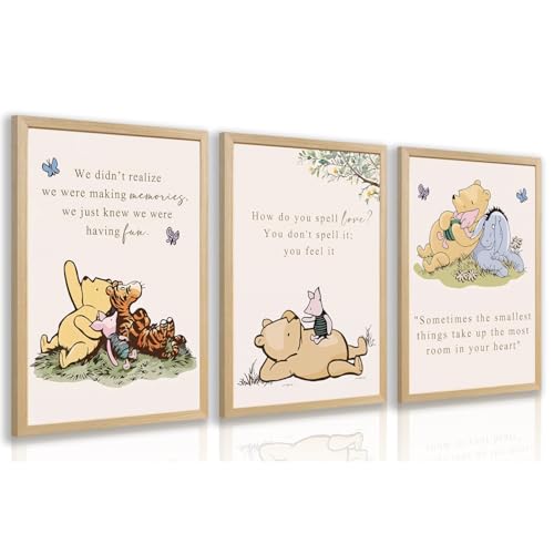 LERVR Wood Framed Bear Nursery Wall Art Set of 3 Cute Bear and Friends Storybook Canvas Print Sweet Inspirational Quote Decor Cartoon Animal Nursery Artwork for Kids RoomPlayroom 12x16 Inch