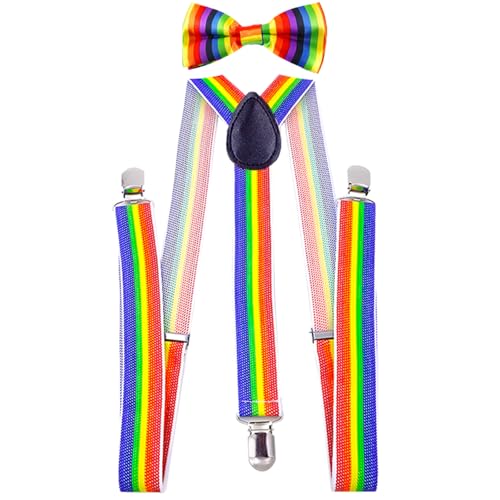 Lpolkvemelh 2 Stück Kinder Hosenträger Fliege Sets, Elastische Y-Form Hosenträger Verstellbar mit Regenbogen Streifen Accessoire für Arbeitshosen Skihose Motoradhose Fest lustig Jungen und Mädchen