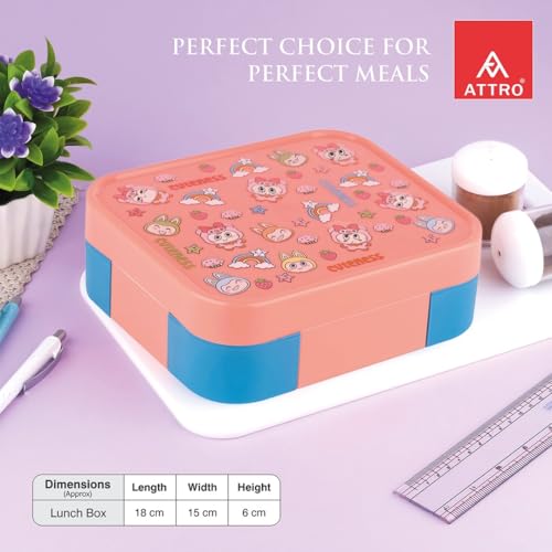 Image of ATTRO Admire Deluxe 3 Compartment Stainless Steel Lunch Box, BPA-Free Inner Steel, Airtight & Leakproof, Lightweight Easy Carry Tiffin for Kids School Travel, Cute Monster Print- Peach-800ml