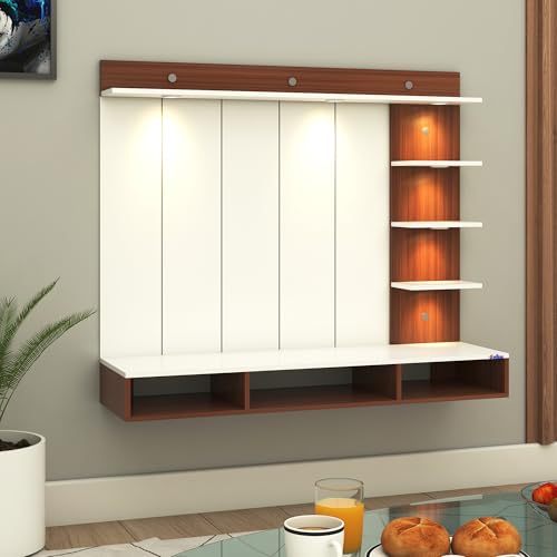 Image of Anikaa Tyron Engineered Wood Wall-Mount TV Unit with PVC Back Panel & LED Lights | TV Cabinet with Storage Box & Decorative Shelves (Walnut /White) | Ideal for TVs up to 43 Inch | DIY Installation