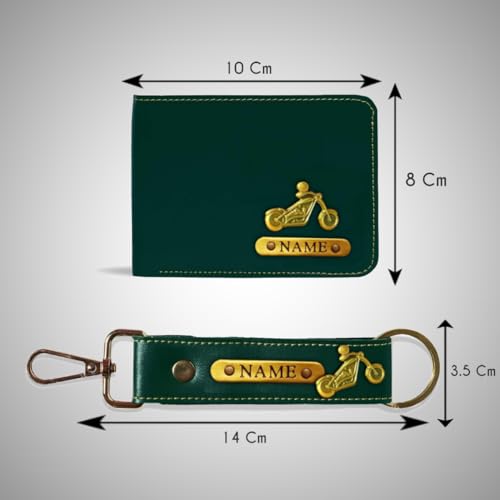 Image of Mens Leather Wallet and Keychain Combo Name Leather Wallet Keychain for Mens Personalized Wallet Keychain Set with Names Keychains for Men | Customised Gift Set for Men with Name & Charm, Green