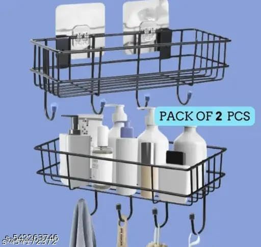 (PACK OF 2) Steel Self-Adhesive Multipurpose Bathroom Shelf with Hooks/Towel Holder/Rack/Bathroom Accessories-Wall Mount - Pack|Design - for home and kitchen 1