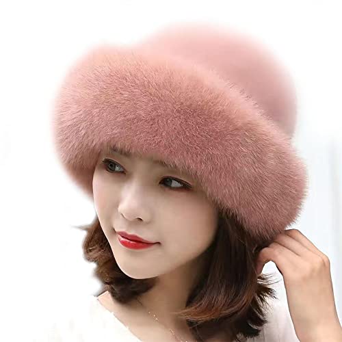 Womens Adjustable Winter Furry Hats 6 Colors, Womens Winter Fur Hats, Soft Fluffy Furry Faux Fox Fur Trimmed Brim Beanie Hat (One Size,Pink) Cover