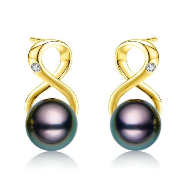 Infinity Earrings AAA Top Grade Genuine Tahitian Black Pearl 8-9mm 18K Gold Plated 925 Sterling Silver – Birthday Anniversary Jewelry Gifts for Women (18K White Gold)