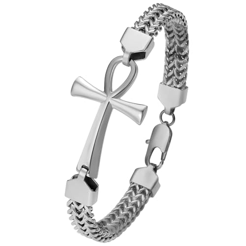 Flongo Pulsera para hombre Ankh Cruz: pulsera negra dorada y plata Franco pulsera cadena de acero inoxidable cadena doble cadena tejida con cruz egipcia amuleto para hombre y mujer, 22 cm, Acero