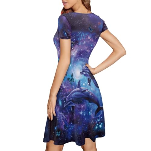 Image of HUGS IDEA Womens Puffy Swing Midi Dress Round Neck Short Sleeve Party A-Line Dresses