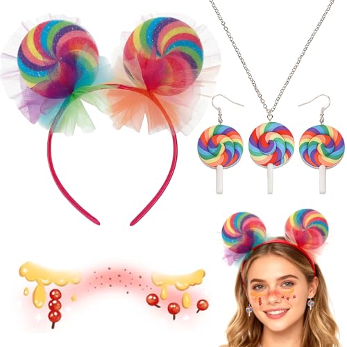 Candy Girl Kostüm Damen Accessoires Set Lollipop Haarreif Fasching Damen Bunt Zuckerfee Regenbogen Karneval Kostüm Zubehör mit Halskette Ohrringe und Gesichtstattoo für Candy Kostüm Motto Party