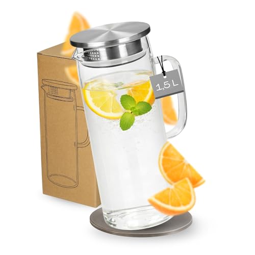 Glaskaraffe 1,5 Liter mit Deckel und feinem Sieb - stilvolle Wasserkaraffe