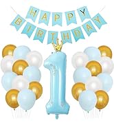 Auliuse 1st Birthday Balloon Set Blue White Gold Balloon with Happy Birthday Banner, 1st Foil Bal...
