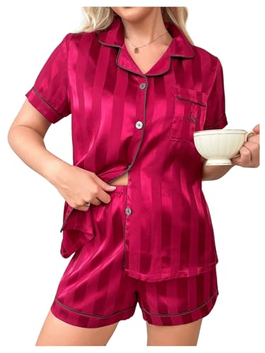 Image of SHENHE Women's 2 Piece Satin Pajama Set Leopard Short Sleeve Button Down Pj Shorts Set Burgundy Stripe Small