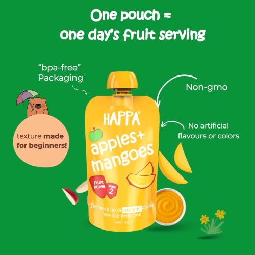 Image of Happa Organic Baby Food Puree Monthly Combo Pack | 100% Fruits, Grains and Vegetables | No Added Sugar, No Milk Powder, No Preservatives | Stage 2 (6 Months+) | Ready to Eat | Free from Common Allergens | Pack of 21 (100g Each)