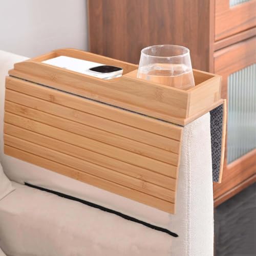 Mesa de bambú para sofá con diseño antideslizante para comer, beber y usar el teléfono celular, bandeja plegable versátil para servir para sala de estar o dormitorio