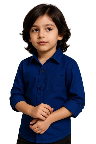 Image of Boys Kids Royal Blue Cotton Shirt, Long Roll-Up Sleeves, Party, Age 2-6 Years