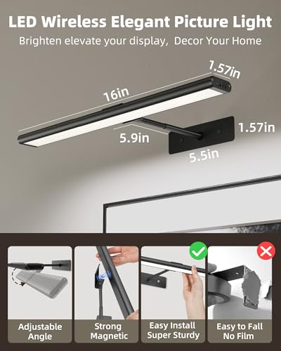 Image of EZVALO Picture Light for Wall, 4800mAh Rechargeable Wireless Black Lights for Painting, 16In Dimmable Magnetic LED RGB Art Display Light, Colors Temperatures, for Gallery, Living Room, Hallway