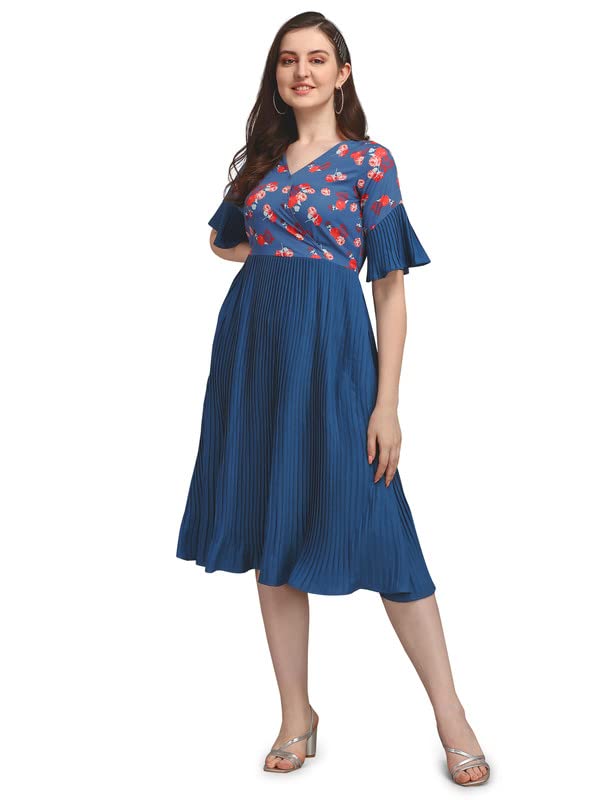 Selvia Women's Bell Sleeve Crepe V-Neck Fit & Flare Dress(264Tk5064N-S_Teal)