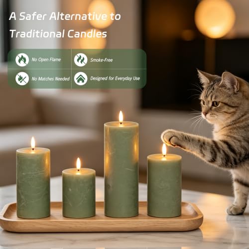 Image of Olive Green Flameless Pillar Candles, Real Wax LED Candles with Remote & Timer, Battery Operated Decorative Candles for Aesthetic Home Decor, Set of 4