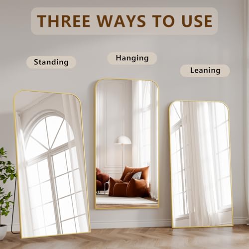 Image of Koonmi Full Length Mirror, 71 inchx30 inch Mirror Full Length with Stand, Gold Domed Top Square-Edged Floor Mirror with Aluminum Alloy Frame for Bedroom Living Room