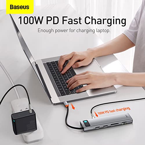 Image of Baseus Metal Gleam 11-in-1 USB-C Hub Docking Station | Dual HDMI 4K, VGA, RJ45, 100W PD, 3xUSB 3.0, SD /TF, AUX Audio | Triple Display Type-C Adapter for MacBook, Windows, and Laptops (Grey)