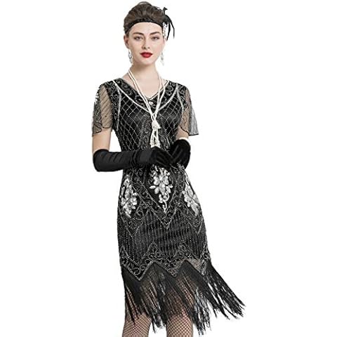 FUNDAISY Women 1920s Gatsby Flapper Dress Roaring 20s Cocktail Dress with Sleeves (L, Black Silver) Cover